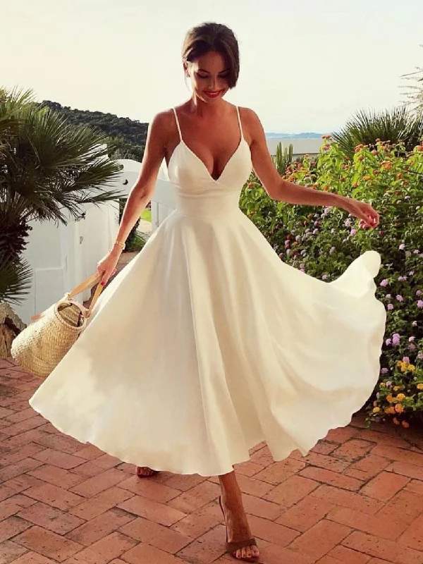 Weekend Deal Rush Simple V Neck White Prom Dress, Tea Length Saint Formal Wedding Party Dress