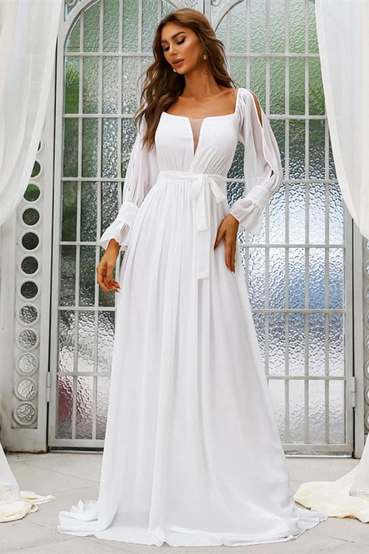 Weekend Hot Bargains Simple White Chiffon Long Sleeves Boho Wedding Dress