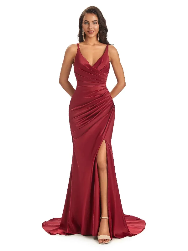 Unbeatable Bargains Soft Satin Side Slit Spaghetti Straps V-neck Long Sexy Mermaid Bridesmaid Dresses Unbeatable Bargains Soft Satin Side Slit Spaghetti Straps V-neck Long Sexy Mermaid Bridesmaid Dresses