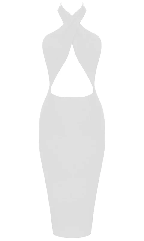 Weekend Offers You Love Stealing The Spotlight White Sleeveless Wrap Halter Neck Cut Out Waist Backless Bodycon Midi Dress Weekend Offers You Love Stealing The Spotlight White Sleeveless Wrap Halter Neck Cut Out Waist Backless Bodycon Midi Dress