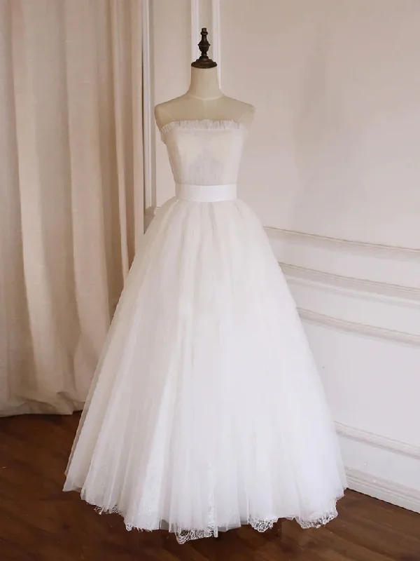 Weekend Discount Blast Strapless A Line  White Tulle Long Prom Dresse, A Line Long White Formal  Evening Graduation Dresses