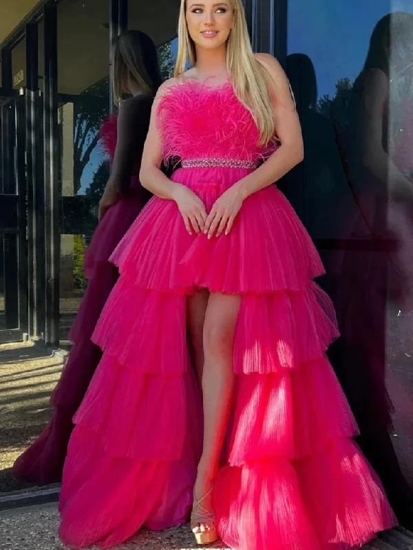 Limited Time Only Strapless High Low Hot Pink Feathers Long Prom Dresses, Strapless High Low Hot Pink Feathers Long Formal Evening Dresses Limited Time Only Strapless High Low Hot Pink Feathers Long Prom Dresses, Strapless High Low Hot Pink Feathers Long Formal Evening Dresses