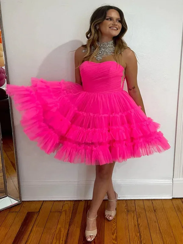 Weekend Super Savings Strapless Hot Pink Tulle Short Prom Dresses, Strapless Hot Pink Tulle Short  Formal Graduation Evening Homecoming Dresses