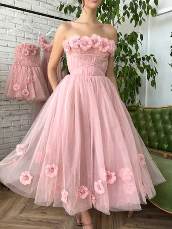 Weekend Buy More Save More Strapless Pink Floral Tulle Tea Length Prom Dresses with 3D Flowers, Strapless Pink Floral Tea Length Formal Graduation Evening Homecoming Dresses