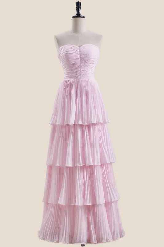 Weekend Price Drop Event Strapless Pink Pleated Tiered Long Party Dress