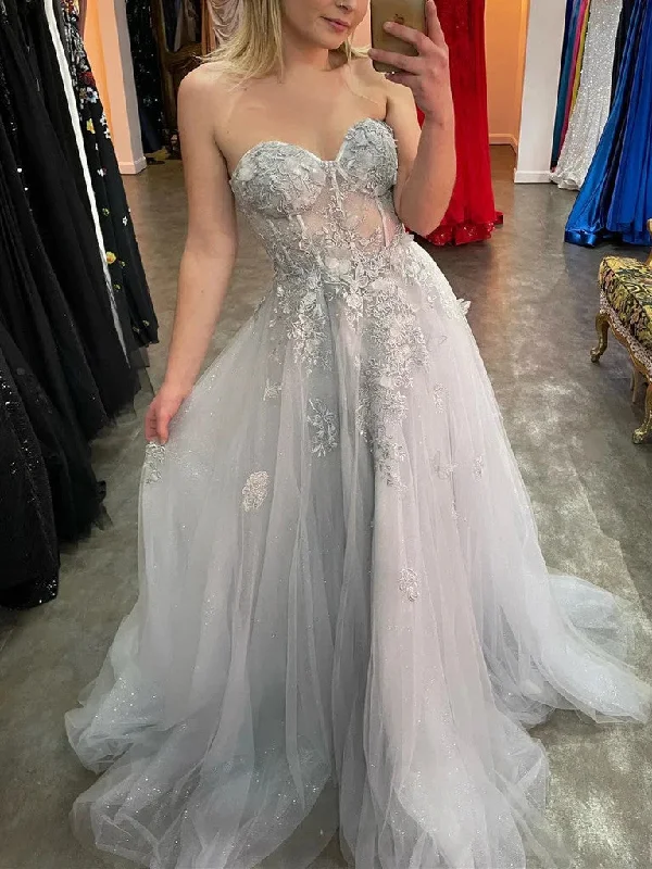 Strapless Silver Gray  Lace Floral Long Prom Dresses, Strapless Silver Gray Long Lace Floral Formal Evening Dresses