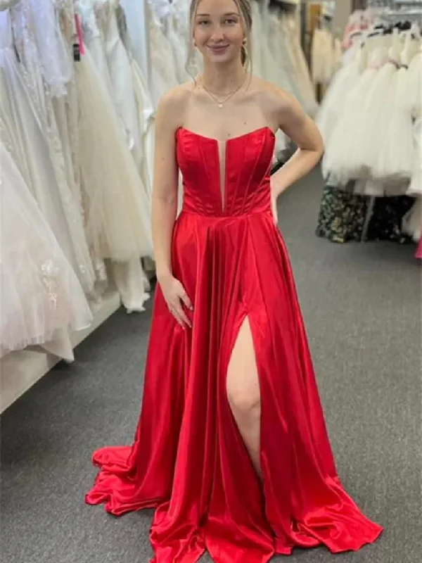 Price Slash Alert Strapless V Neck Red Long Prom Dresses with High Slit, V Neck Red Open Back Formal Evening Dresses Price Slash Alert Strapless V Neck Red Long Prom Dresses with High Slit, V Neck Red Open Back Formal Evening Dresses