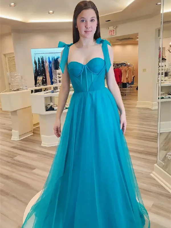 Jade Sweetheart Neck Bow Tie Shoulder Tulle Long Prom Dress, Blue Long Tulle Formal Evening Dresses