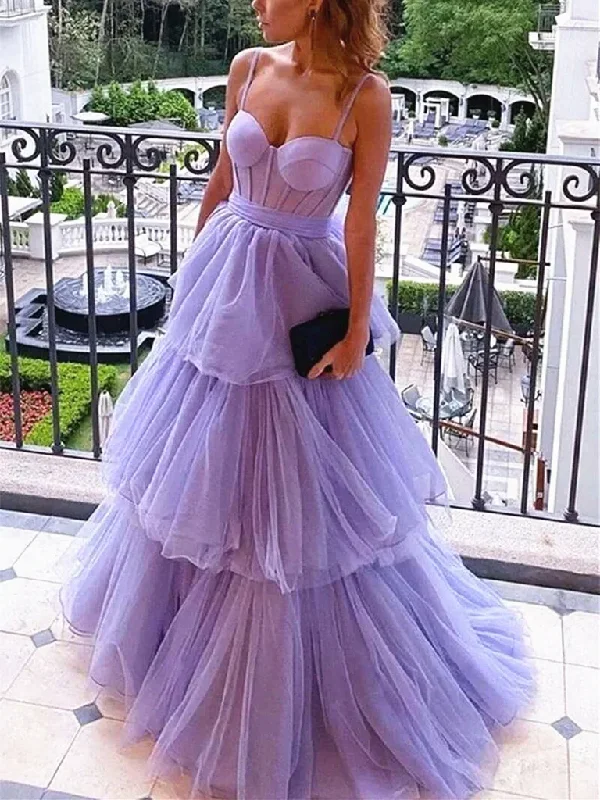 Weekend Bonanza Sweetheart Neck Purple Layered Long Prom Dresses, Sweetheart Neck Purple Layered  Tulle Long Formal Evening Dresses