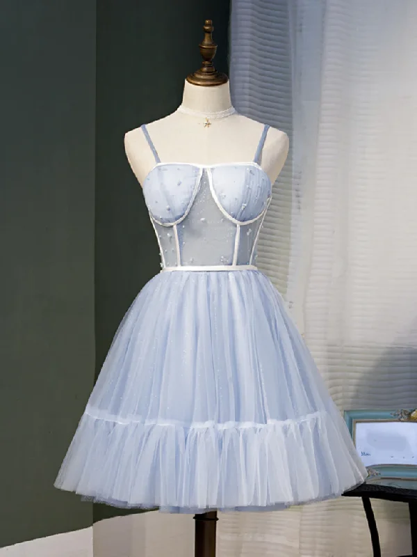 Sweetheart Neck Short Blue Tulle Prom Dresses, Short Blue Graduation Homecoming Dresses