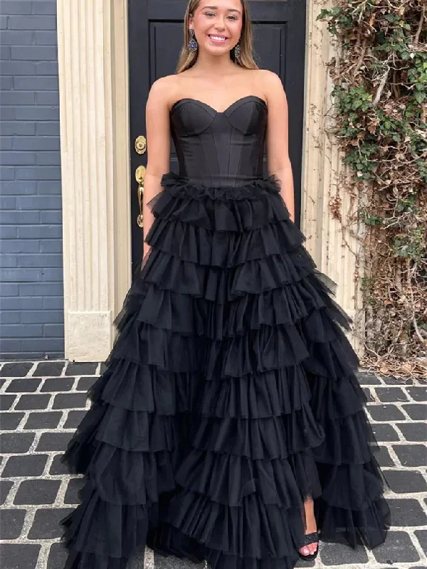 Weekend Only Sale Sweetheart Neck Strapless Black Ruffle Tulle Long Prom Dresses, Sweetheart Neck Strapless Black Ruffle Tulle Long Formal Evening Dresses, Ball Gown Weekend Only Sale Sweetheart Neck Strapless Black Ruffle Tulle Long Prom Dresses, Sweetheart Neck Strapless Black Ruffle Tulle Long Formal Evening Dresses, Ball Gown