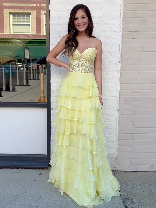 Limited-Time Bargains Sweetheart Neck Yellow Chiffon Lace Long Prom Dresses, Yellow Sweetheart Neck Chiffon Lace Long Formal Evening Dresses