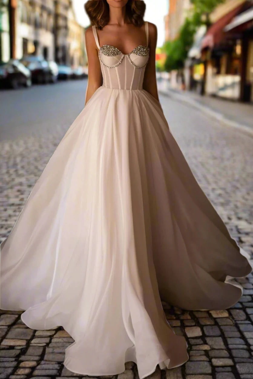 Sweetheart Spaghetti Straps Beaded Sheer Empire Wedding Dress