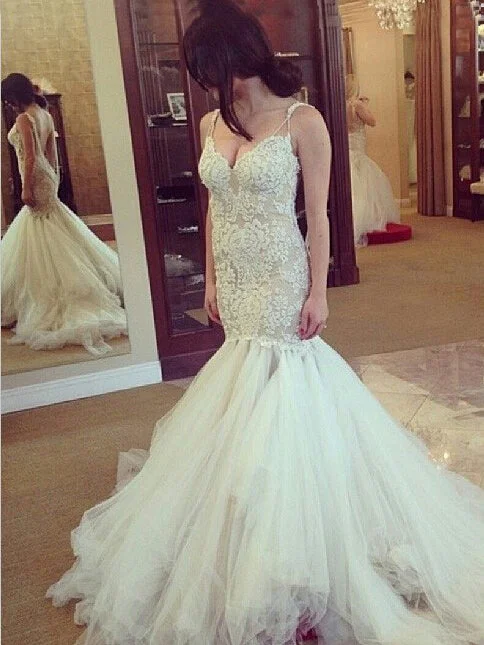 Weekend Bargain Time Trumpet/Mermaid Wedding Dresses Spaghetti Straps Tulle Bridal Gown JKW057