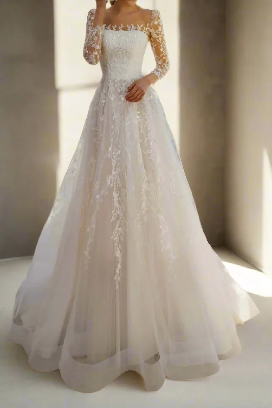 Tulle A-Line Square Long Sleeves Appliques Wedding Dress