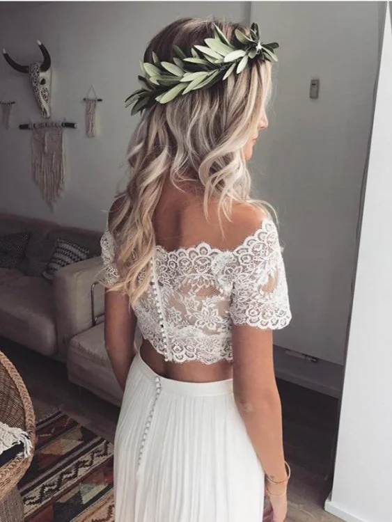 Limited-Time Deal Two Piece Wedding Dresses Off-the-shoulder Lace Short Sleeve Chiffon Simple Bridal Gown JKW254 Limited-Time Deal Two Piece Wedding Dresses Off-the-shoulder Lace Short Sleeve Chiffon Simple Bridal Gown JKW254