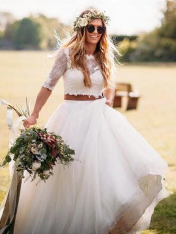 The Big Clearance Two Piece Wedding Dresses Scoop Sweep Train Romantic Half Sleeve Lace Bridal Gown JKW253 The Big Clearance Two Piece Wedding Dresses Scoop Sweep Train Romantic Half Sleeve Lace Bridal Gown JKW253