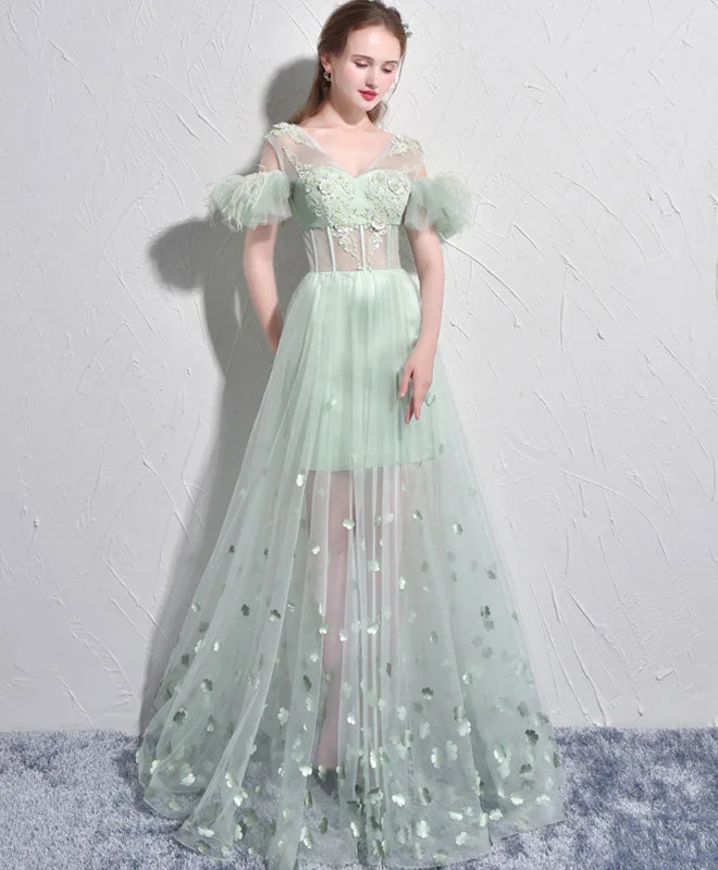 Weekend Offers Galore Unique Green Tulle V Neck Long Prom Dress, Green Evening Dress Weekend Offers Galore Unique Green Tulle V Neck Long Prom Dress, Green Evening Dress