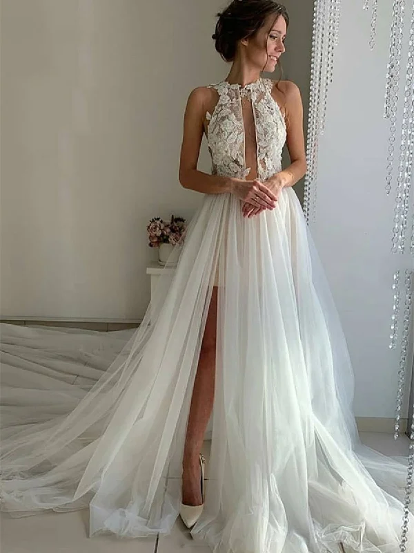 Limited Time Bargain Unique High Neck Lace White Tulle Long Prom Wedding Dresses with High Split, White Lace Formal Evening Dresses Limited Time Bargain Unique High Neck Lace White Tulle Long Prom Wedding Dresses with High Split, White Lace Formal Evening Dresses