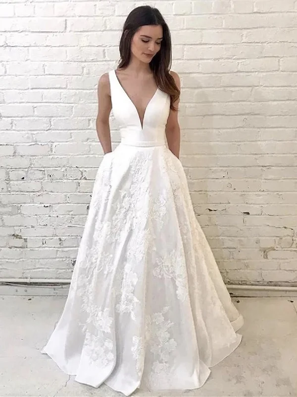 Shop & Save Today Unique V Neck Lace Appliques White Long Prom Wedding Dresses, V Neck White Lace Formal Dresses, White Lace Evening Dresses Shop & Save Today Unique V Neck Lace Appliques White Long Prom Wedding Dresses, V Neck White Lace Formal Dresses, White Lace Evening Dresses