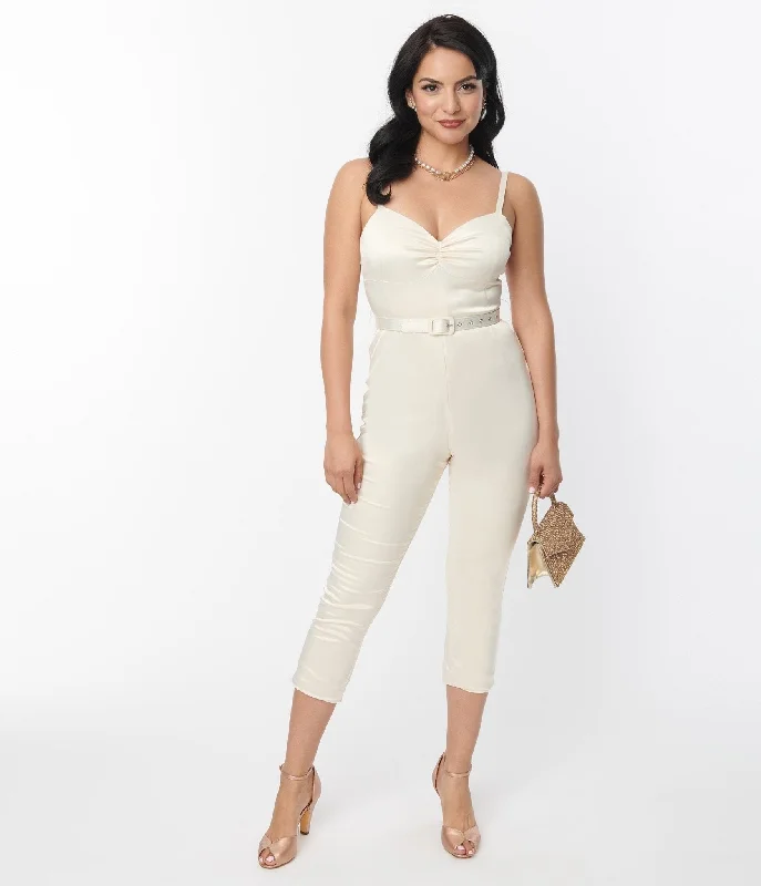 Unique Vintage 1970s Cream Satin Bridal Marcel Jumpsuit