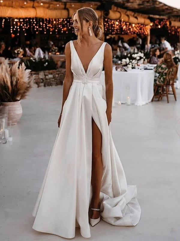 Big Sale Event V Neck and V Back White Satin Long Prom Dresses with High Slit, Open Back White Wedding Dresses, White Formal Evening Dresses Big Sale Event V Neck and V Back White Satin Long Prom Dresses with High Slit, Open Back White Wedding Dresses, White Formal Evening Dresses