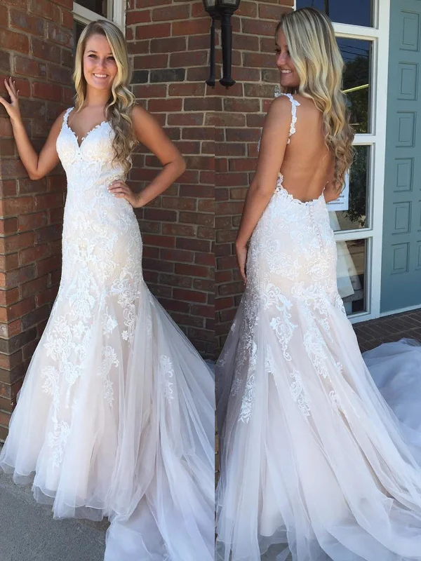 Hot Savings Alert V Neck Backless Mermaid Champagne Lace Long Prom Wedding Dresses with Train, Champagne Lace Formal Evening Dresses SP2266 Hot Savings Alert V Neck Backless Mermaid Champagne Lace Long Prom Wedding Dresses with Train, Champagne Lace Formal Evening Dresses SP2266