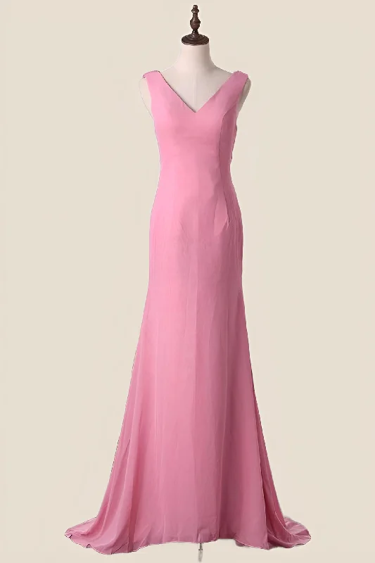 Weekend Mega Sale Event V Neck Blush Pink Chiffon Long Party Dress