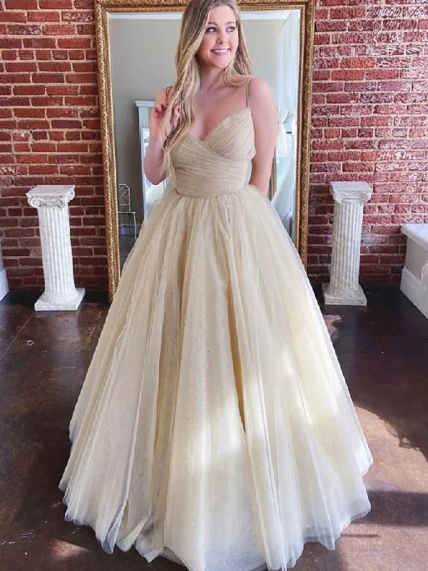 Exclusive Online Offers V Neck Champagne Tulle Long Prom Dresses, Long Backless Champagne Tulle Formal Evening Dresses