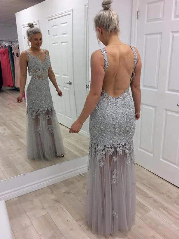 Limited-Time Deal V Neck Floor Length Backless Mermaid Grey Lace Appliques Long Prom Dresses, Mermaid Grey Lace Formal Evening Dresses Limited-Time Deal V Neck Floor Length Backless Mermaid Grey Lace Appliques Long Prom Dresses, Mermaid Grey Lace Formal Evening Dresses