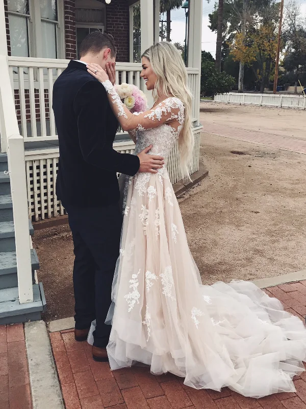 Best Prices This Week V Neck Long Sleeves High Low Lace Champagne Wedding Dresses With Train, Champagne Lace Prom Dresses
