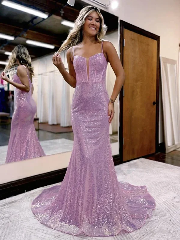 V Neck Mermaid Lilac Sequins Long Prom Dresses, V Neck Mermaid Purple Sequins Long Formal Evening Dresses