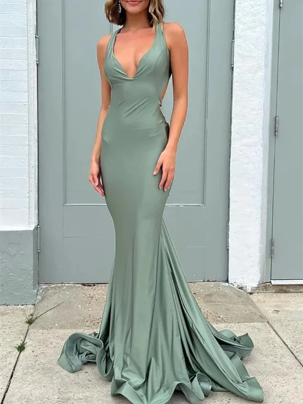 V Neck Mermaid Open Back Sage Long Prom Dresses, Sage Mermaid Backless Formal  Evening Dresses