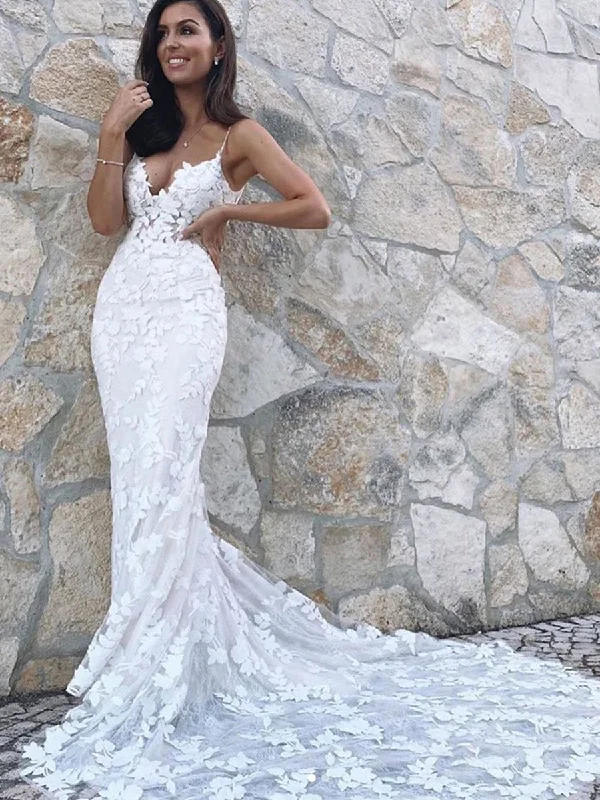 Unbeatable Flash Deals V Neck Mermaid White Appliques Long Wedding Prom Dresses with Train, Mermaid White Lace Appliques Formal Evening Dresses