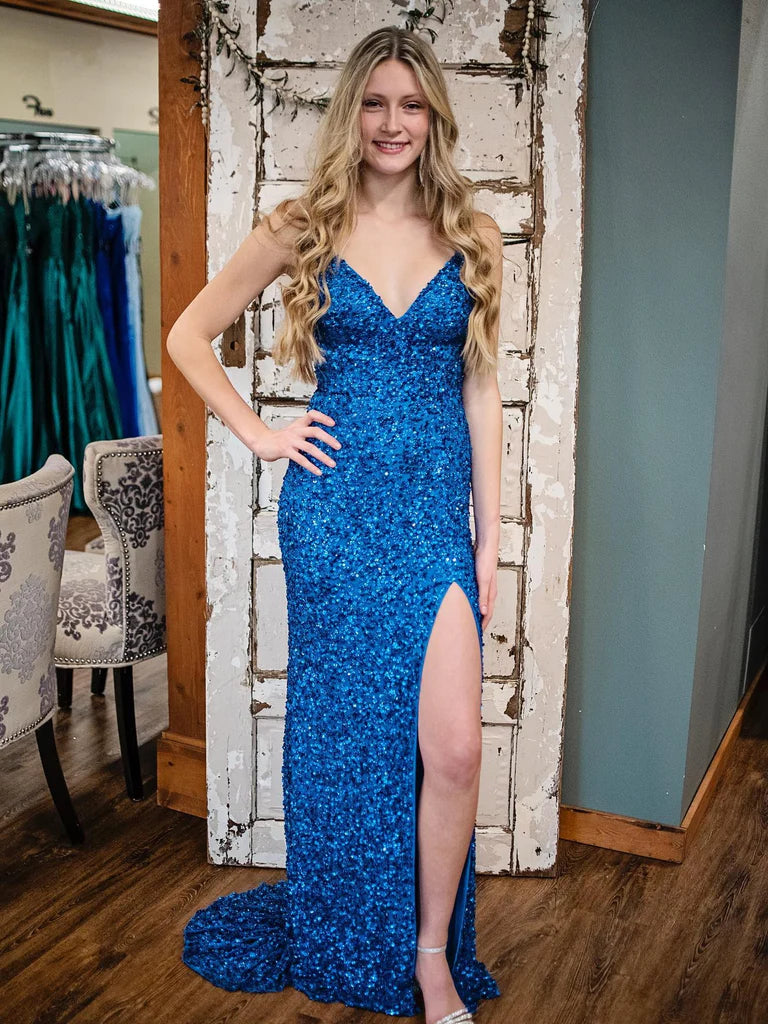 V Neck Open Back Mermaid Blue Sequins Long Prom Dresses with High Slit, Mermaid Blue Formal Graduation Evening Dresses