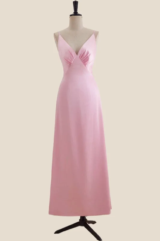 Weekend Best Deals V Neck Pink Satin A-line Long Party Dress