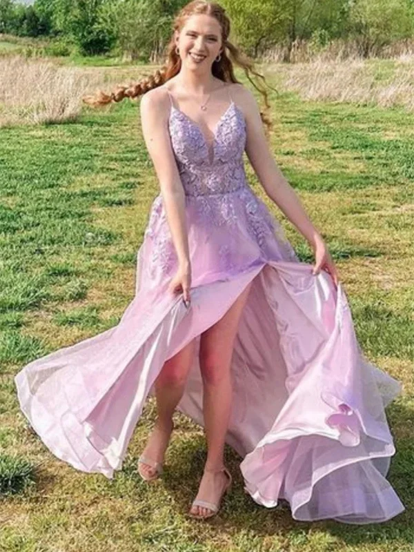 Unbeatable Flash Deals V Neck Purple Lace Long Backless Long Prom Dresses, V Neck Lilac Lace Open Back Formal Evening Dresses