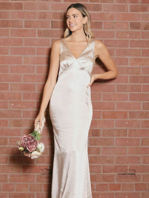 Weekend Price Slash Event V Neck Satin Maxi Dress / Champagne