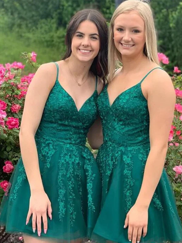 Weekend Big Sale V Neck Short Green Lace Prom Dresses, Short Green Lace Formal Evening Homecoming Dresses