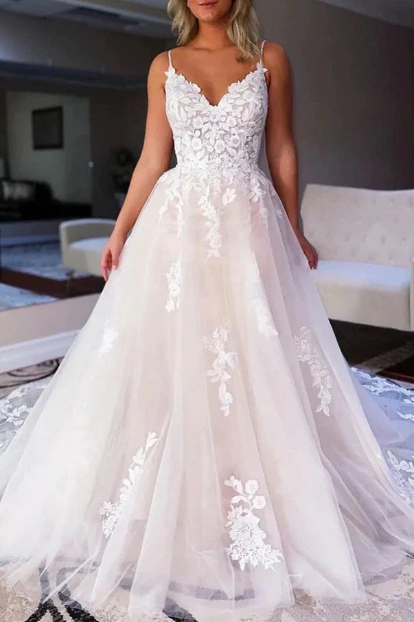 V-Neck Spaghetti Straps Lace Appliques Tulle A-Line Wedding Dress