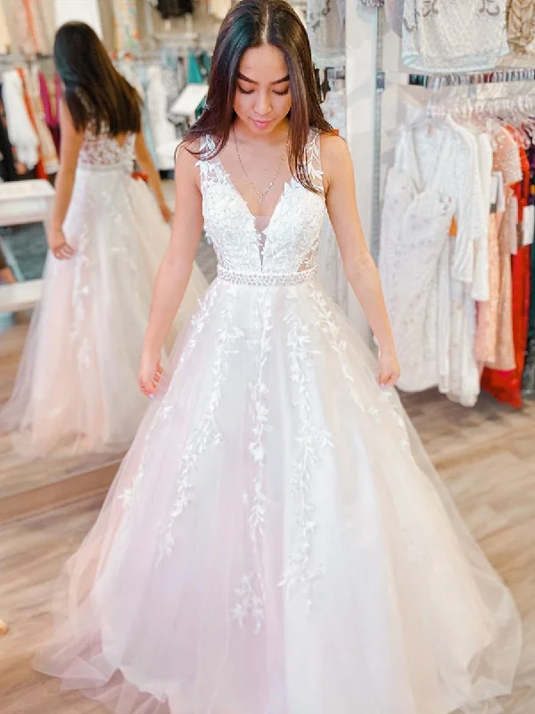 Weekend Price Drops V Neck White Lace Long Prom Dresses with Belt, White Lace Formal Dresses, White Evening Dresses, Wedding Dresses Weekend Price Drops V Neck White Lace Long Prom Dresses with Belt, White Lace Formal Dresses, White Evening Dresses, Wedding Dresses