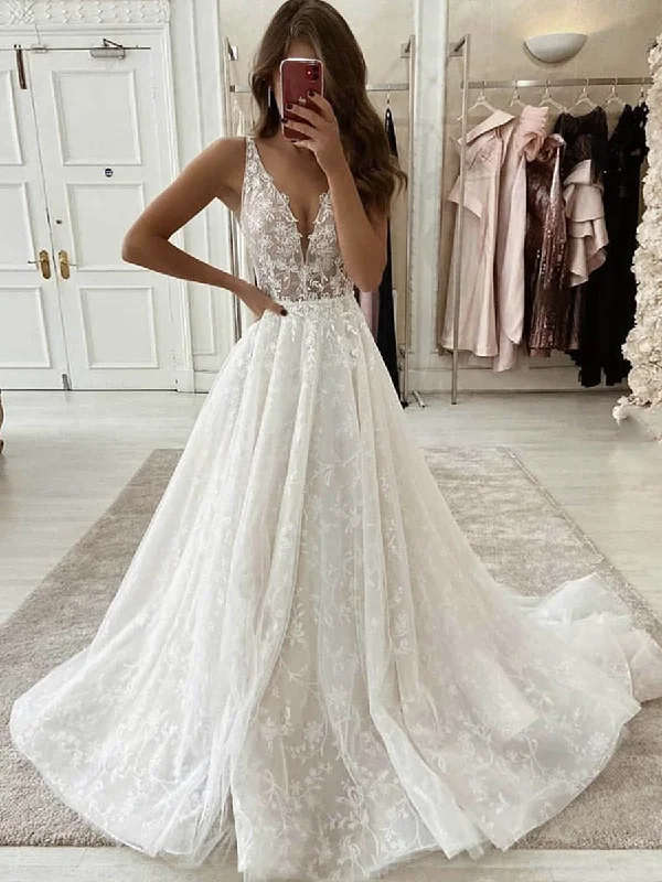 Weekend Exclusive Bargains V Neck White Lace Long Wedding Dresses, Long White Lace Prom Dresses, White Formal Evening Dresses Weekend Exclusive Bargains V Neck White Lace Long Wedding Dresses, Long White Lace Prom Dresses, White Formal Evening Dresses