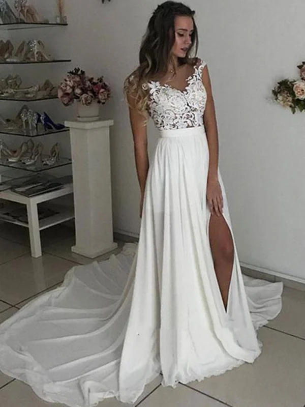 Weekend Special Sale White Cap Sleeves Lace Prom Dress, White Lace Wedding Dress, White Chiffon Evening Dress Weekend Special Sale White Cap Sleeves Lace Prom Dress, White Lace Wedding Dress, White Chiffon Evening Dress