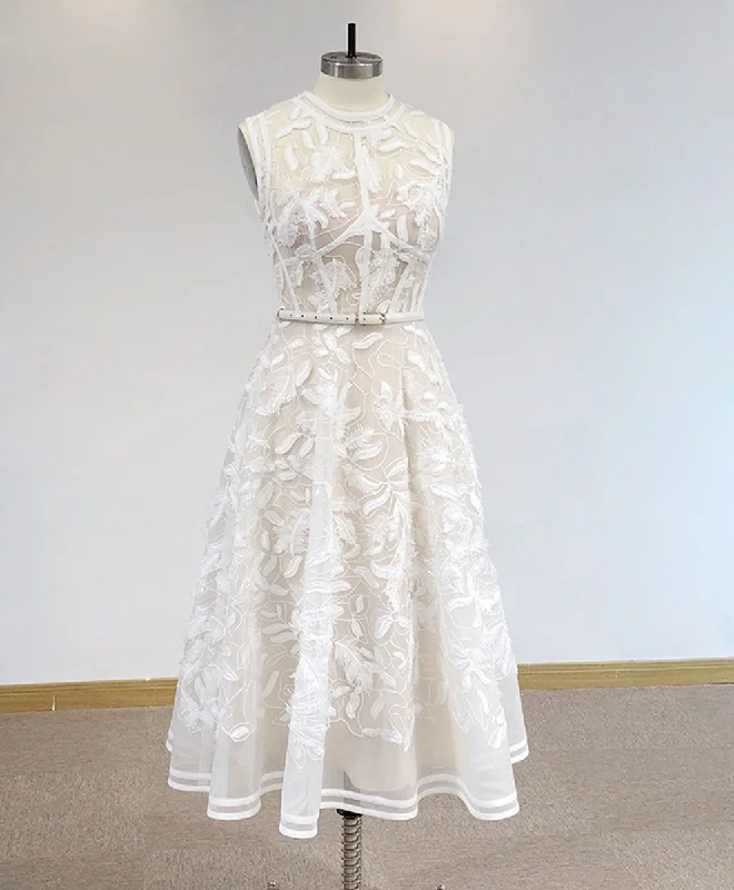 Weekend Buy More Save More White High Neck Tulle Lace Prom Dress, Lace Formal Party Dress