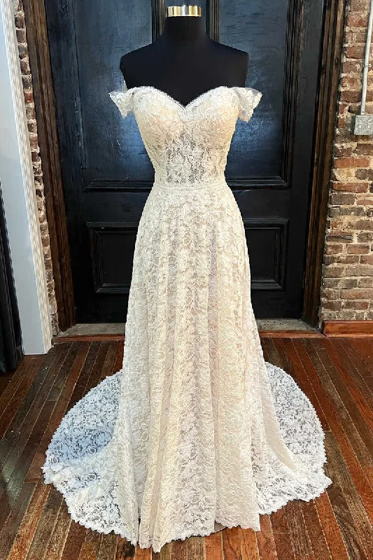 Weekend Bargain Deals White Lace Off-the-Shoulder Cutout Floor-Length Wedding Dress