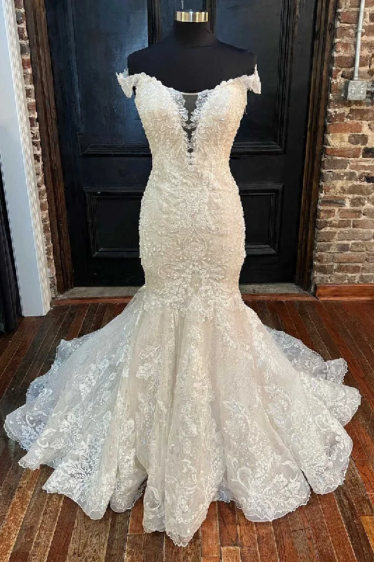 Weekend Super Sale Alert White Lace Off-the-Shoulder Mermaid Long Wedding Dress