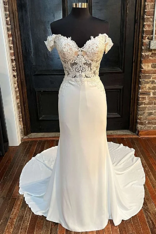 Weekend Bargain Blast White Lace Off-the-Shoulder Mermaid Long Wedding Gown