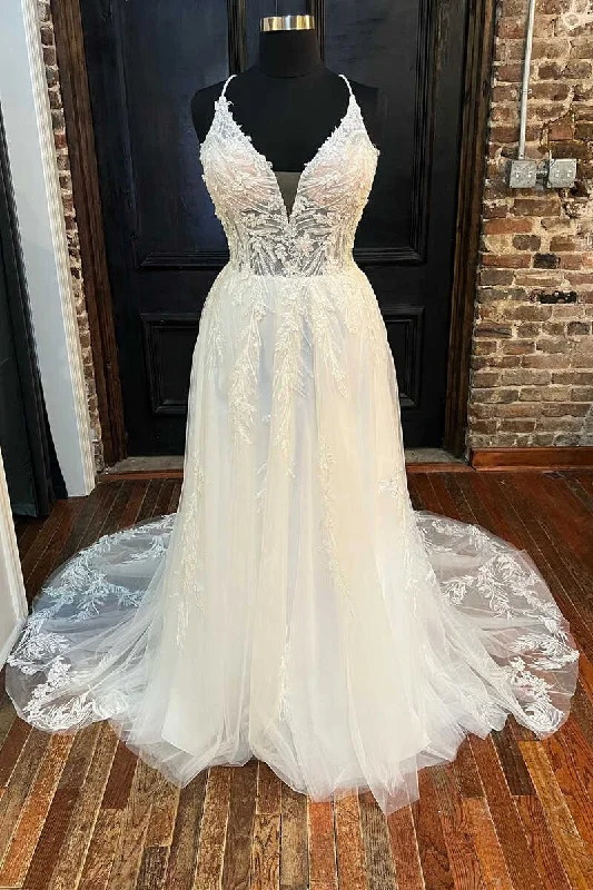 Weekend Price Drop Event White Lace V-Neck Backless A-Line Long Wedding Dress