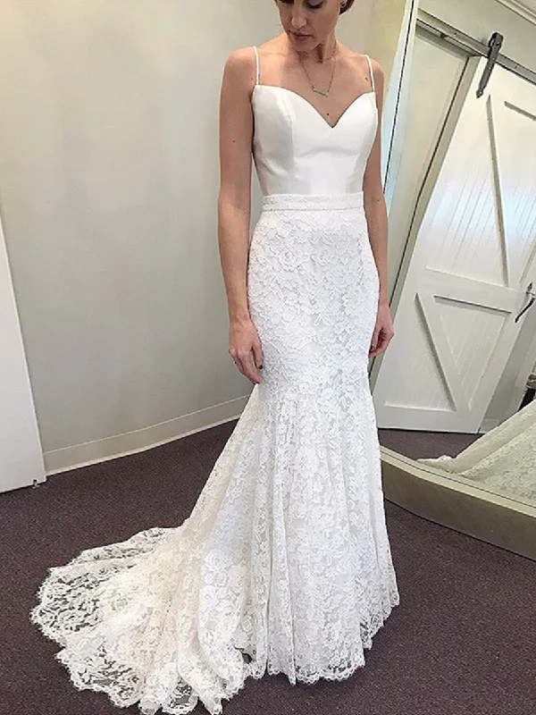 Weekend Offers Galore White Mermaid Spaghetti Straps Sweep Train Lace Beach Wedding Dresses, Mermaid White Lace Prom Dresses, White Evening Dresses Weekend Offers Galore White Mermaid Spaghetti Straps Sweep Train Lace Beach Wedding Dresses, Mermaid White Lace Prom Dresses, White Evening Dresses