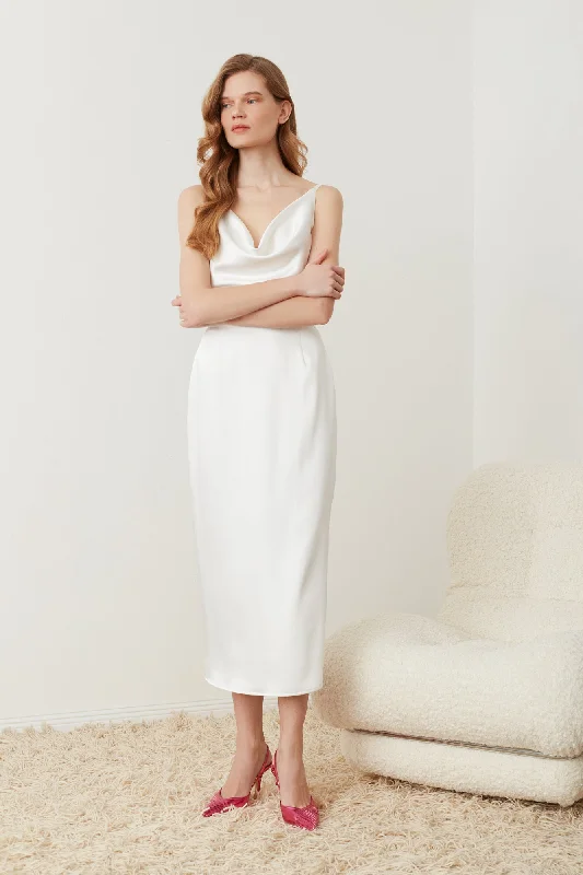 Price Cut Alert KAMEA white satin midi wedding dress